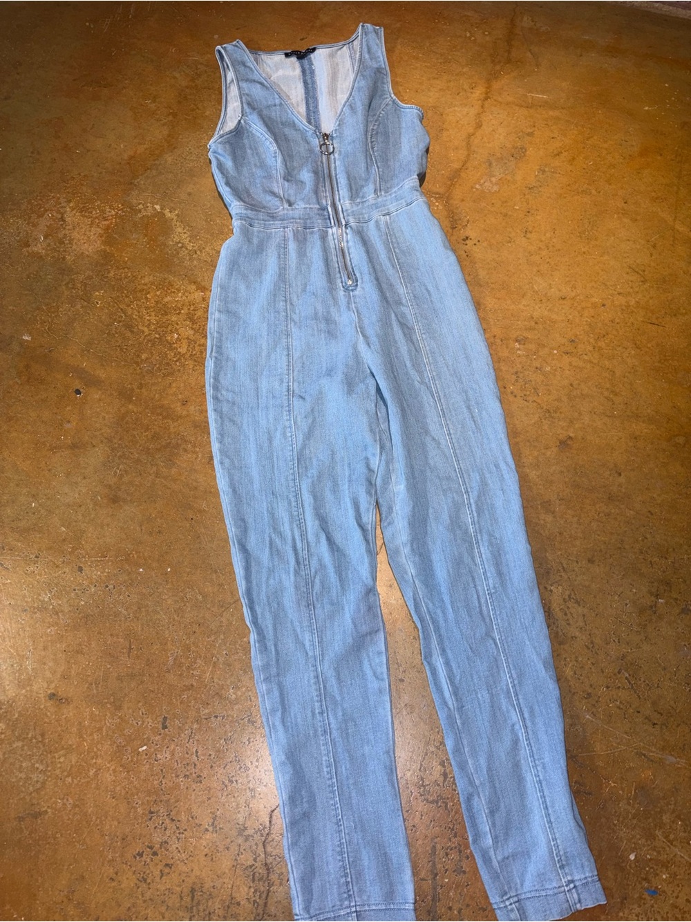 Haute Monde Light Blue Denim Sleeveless Jumpsuit with Front Zip